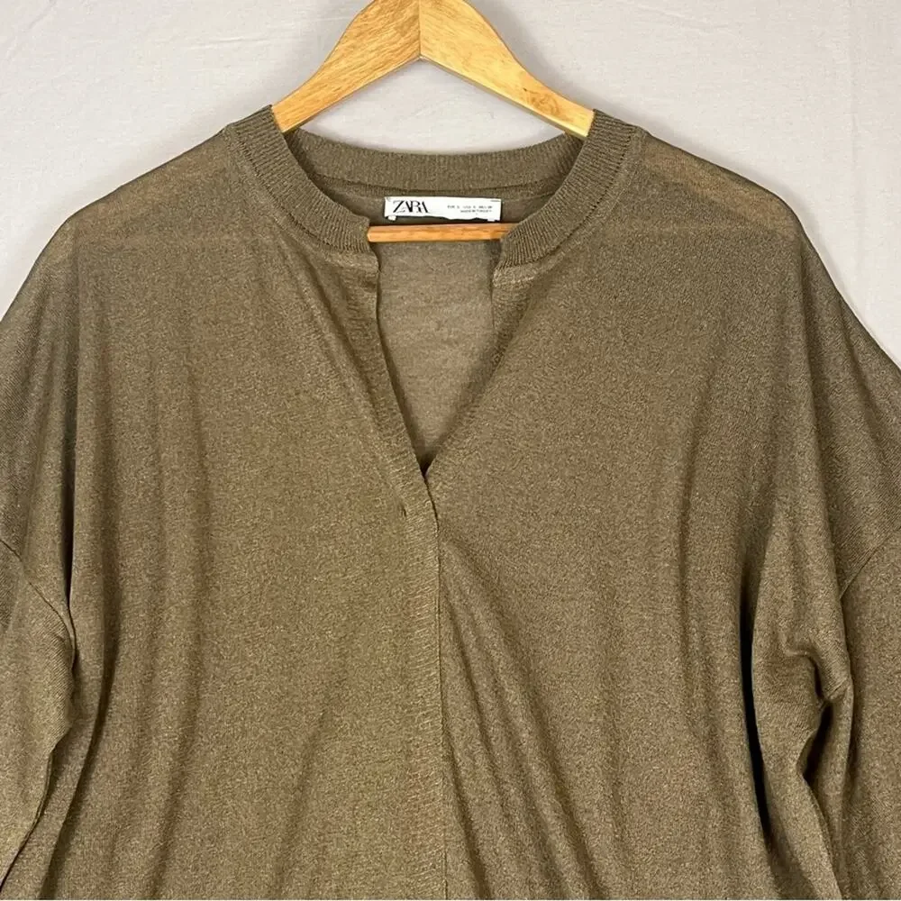 ZARA Linen Blend Oversized Shimmer Tunic Top Womens Small Olive Green Spring - Picture 4 of 12